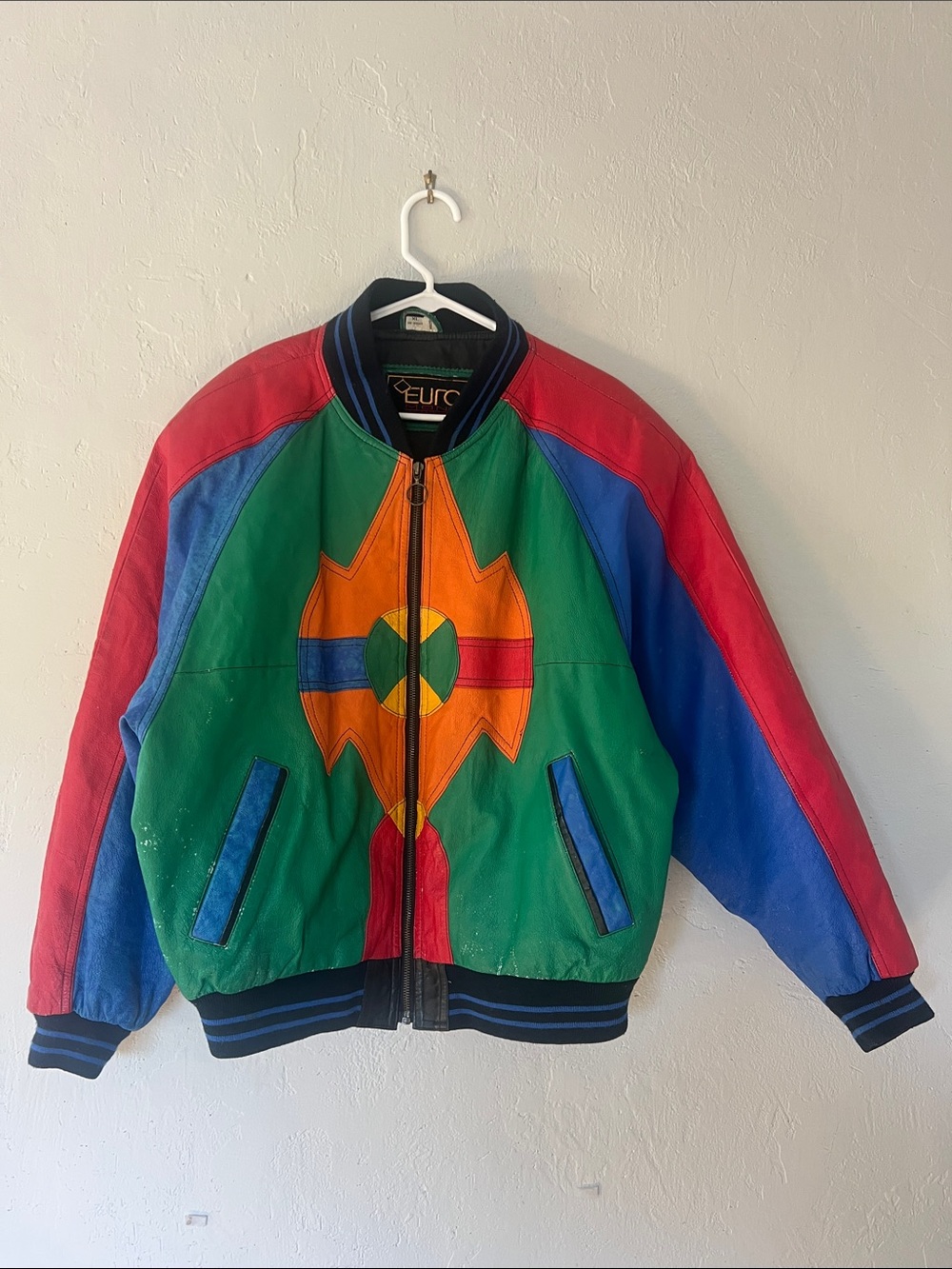 Colorblock Vintage Leather Bomber Jacket. Genuine Leather Shell